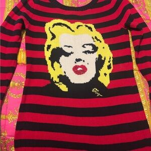 Betsey Johnson Black and Hot Pink Striped Sweater with Graphic Detail